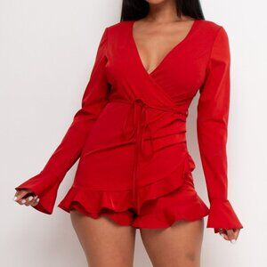 Holiday Party Long Sleeve Ruffle  Hem Wrap String Tie Waist Red Romper
